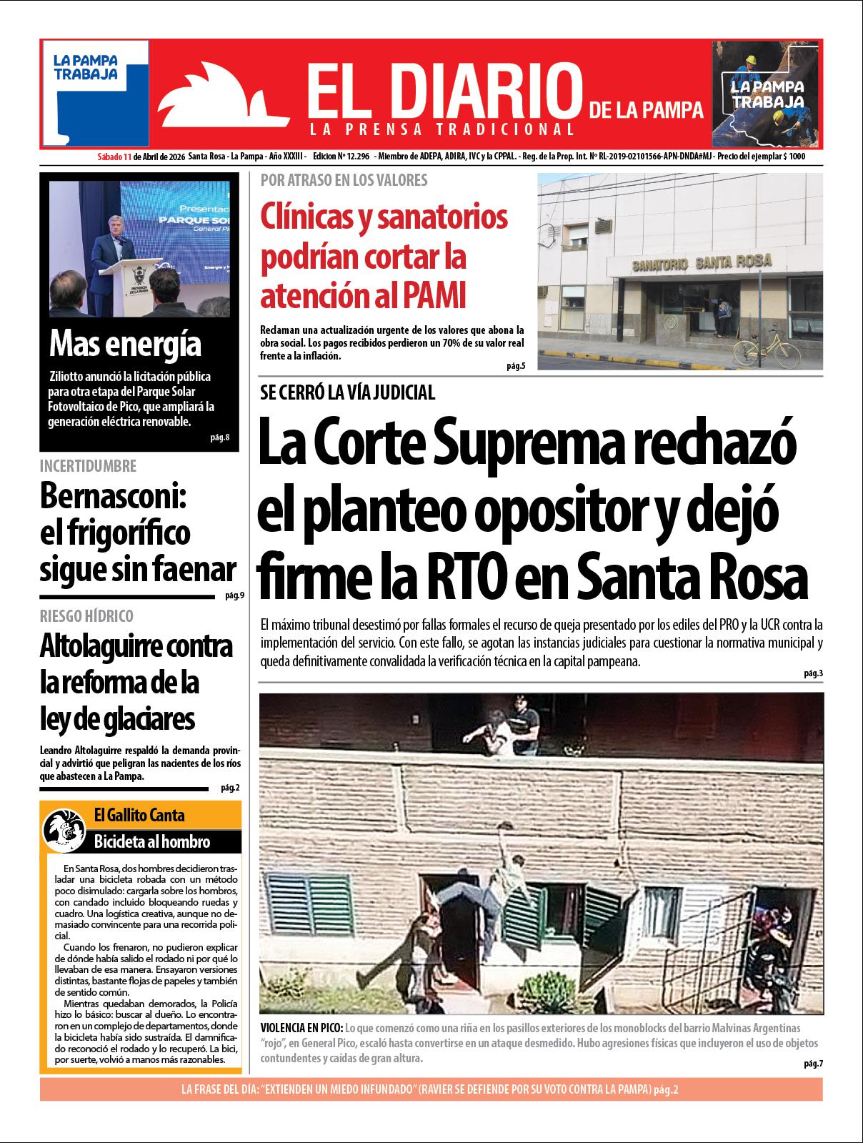 Tapa de El Diario en papel  saacutebado 11 de abril de 2026